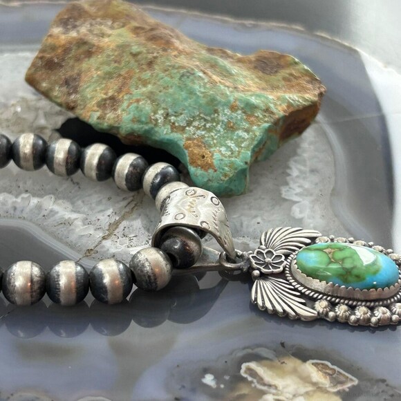 Sterling Southwestern Style Oval Sonora Gold Turquoise Leaves Decorated Pendant - Picture 3 of 10